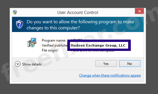 Screenshot where Hudson Exchange Group, LLC appears as the verified publisher in the UAC dialog